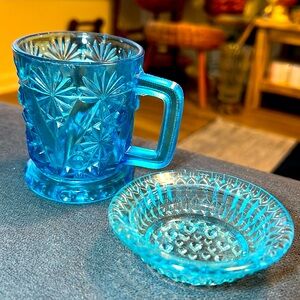Vintage blue glass mug and small ring dish / salt dip
